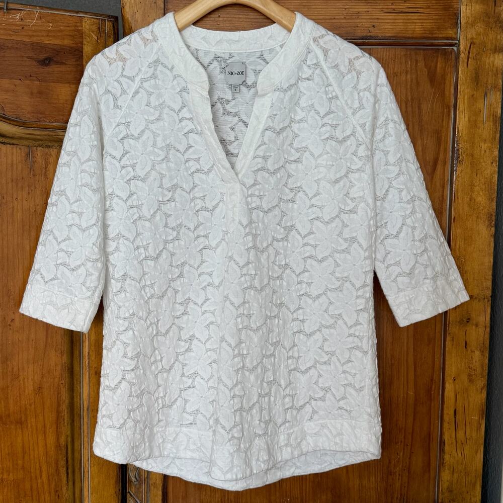 NIC + ZOE Off White Petal Lace Tunic Top Notched V-Neck 3/4 Sleeve Sz Small